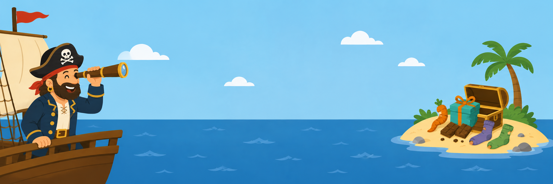 訳あり品というお宝を探しに行く海賊のイラスト